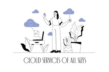 Cloud storage concept wit people scene in the flat cartoon design. The girl uploads all the important data to the cloud storage. Vector illustration.