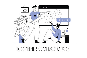 Concept Teamwork with people scene in the flat cartoon design. A team of creative people is working on a new project. Vector illustration.