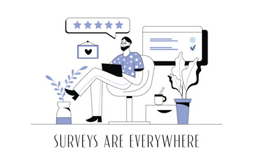 Online survey concept wit people scene in the flat cartoon design. The man leaves a review on the Internet page and takes a survey for customers. Vector illustration.