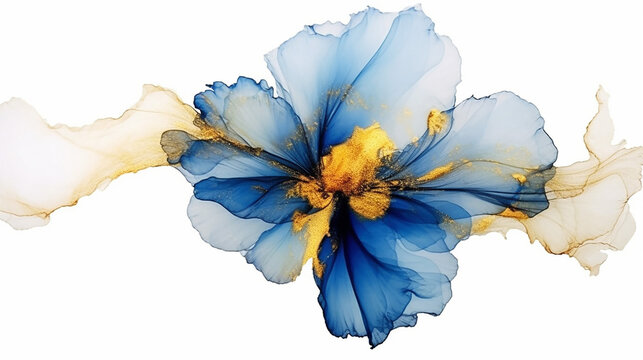 Alcohol ink painting with blue and gold flower on white background