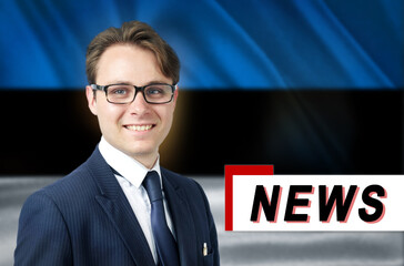 News anchor, tells the latest news, smiling, against the background of the flag of Estonia