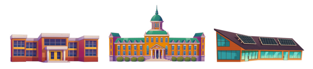 Set of school, university and shopping mall buildings isolated on white background. Contemporary cartoon vector illustration of modern and classical urban architecture. City street constructor