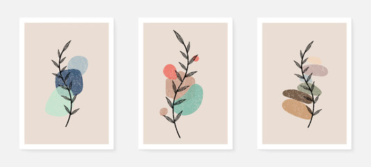Set of minimalist poster design botanical leaf branch abstract collage