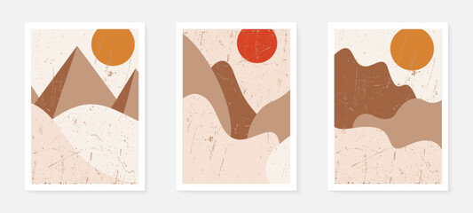 Mountain background wall art vector set. Sunrise and sunset with fog in mountains. Earth tones landscapes abstract arts wallpaper design for wall framed prints, canvas prints, poster and home decor.