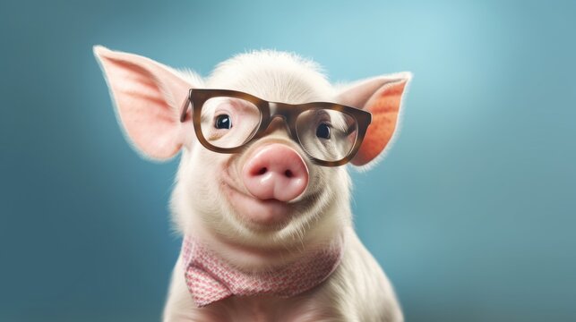 Funny animals backdrop - Closeup portrait of cute smiling little pig with glasses, isolated on bright blue background (Generative Ai)