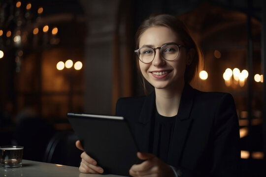 European women smile and use modern technology like a tablet. Sitting in a coffee shop in a medium shot, half body. generative ai 