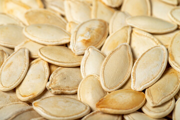 Pumpkin seeds. Sun-dried pumpkin seeds closeup food background. texture. copy space banner