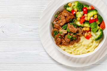 beef mushrooms stew with mashed potato and salad