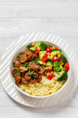 beef mushrooms stew with mashed potato and salad