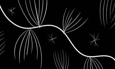 An abstract pattern of wavy lines and semicircles resembling a branch and leaves. Composition in the form of an arbitrary pattern on a black background. Vector illustration, EPS 10. Doodle space.