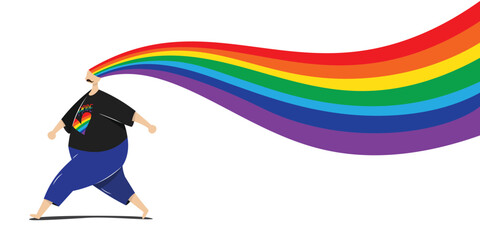 vector illustration of happy man proudly walking with rainbow hair isolated on white background with copy space for banner. LGBT Pride Month concept. 
