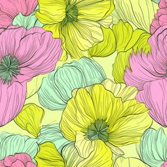 Abstract flowers sketch style drawing, seamless floral pattern. Generative AI