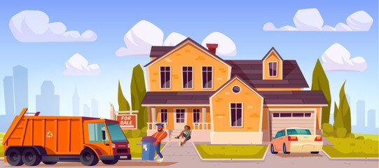 City garbage truck near house vector illustration. Hauler rubbish collector in suburb roadside for sale with woman on porch. Cartoon recycle worker character hold junk plastic container on street.