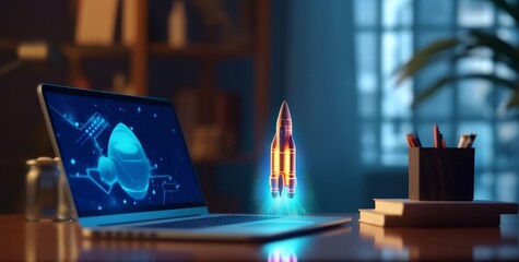 Rocket taking off from laptop screen, concept of innovation and digital progress. Generative AI