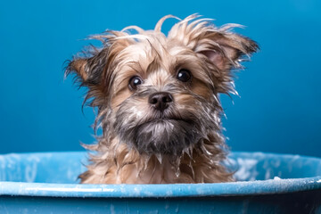 Funny puppy sitting in bathtub waiting for grooming. Banner for pet shop, grooming salon. Space for text. Generative AI 