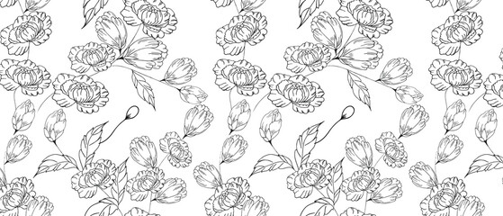 Gentle floral background with peonies, leaves and buds