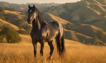 Fototapeta na wymiar Photo of Morgan stallion, proudly standing on a lush meadow with rolling hills in the background. The stallion's glistening coat and powerful muscles are captured in exquisite detail. Generative AI