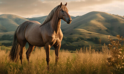 Photo of Morgan stallion, proudly standing on a lush meadow with rolling hills in the background. The stallion's glistening coat and powerful muscles are captured in exquisite detail. Generative AI