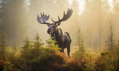 Photo of moose, towering above a misty, moss-covered bog, its majestic antlers crowned with fresh foliage. Generative AI