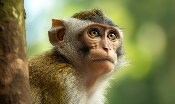 closeup photo of monkey on blurry bokeh background. Generative AI