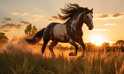 Obraz na płótnie Canvas photo of Morgan stallion running in tall grass at sunset. Generative AI