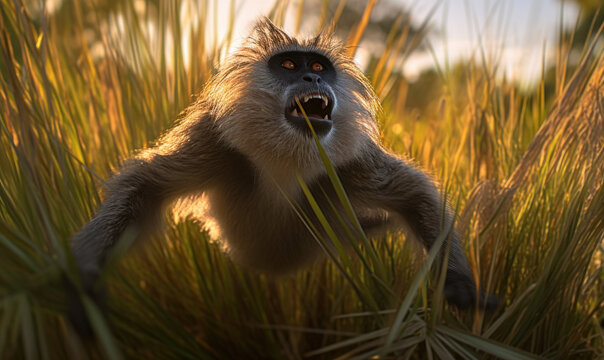 photo of monkey jumping in tall grass at sunset. Generative AI