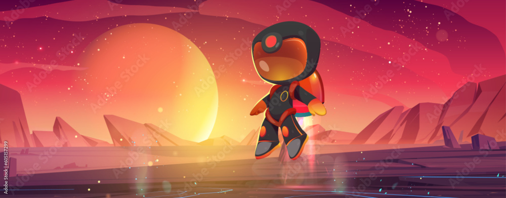 Poster astronaut character landing on alien planet surface. vector cartoon illustration of child in spacesu