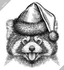 Vintage engraving isolated red panda set dressed christmas illustration ink santa costume sketch. Chinese bear background animal silhouette new year hat art. Black and white hand drawn vector image.