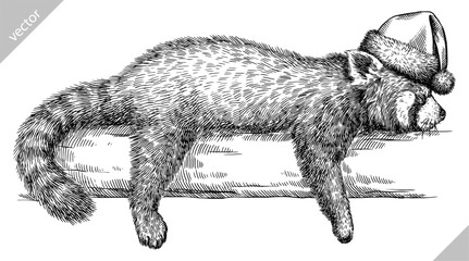 Vintage engraving isolated red panda set dressed christmas illustration ink santa costume sketch. Chinese bear background animal silhouette new year hat art. Black and white hand drawn vector image.