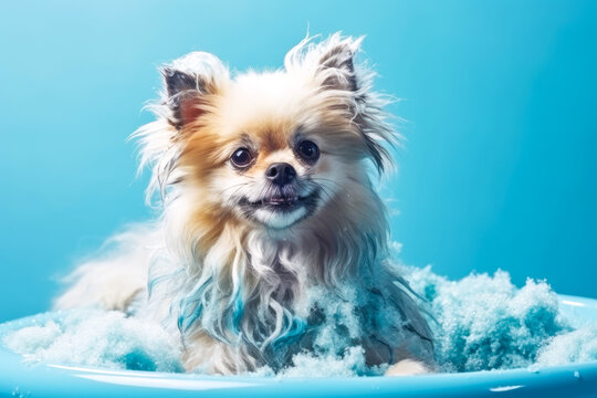 Funny puppy sitting in bathtub waiting for grooming. Banner for pet shop, grooming salon. Space for text. Generative AI 