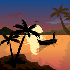 illustration of fisherman that fishing at the lake with silhouette style