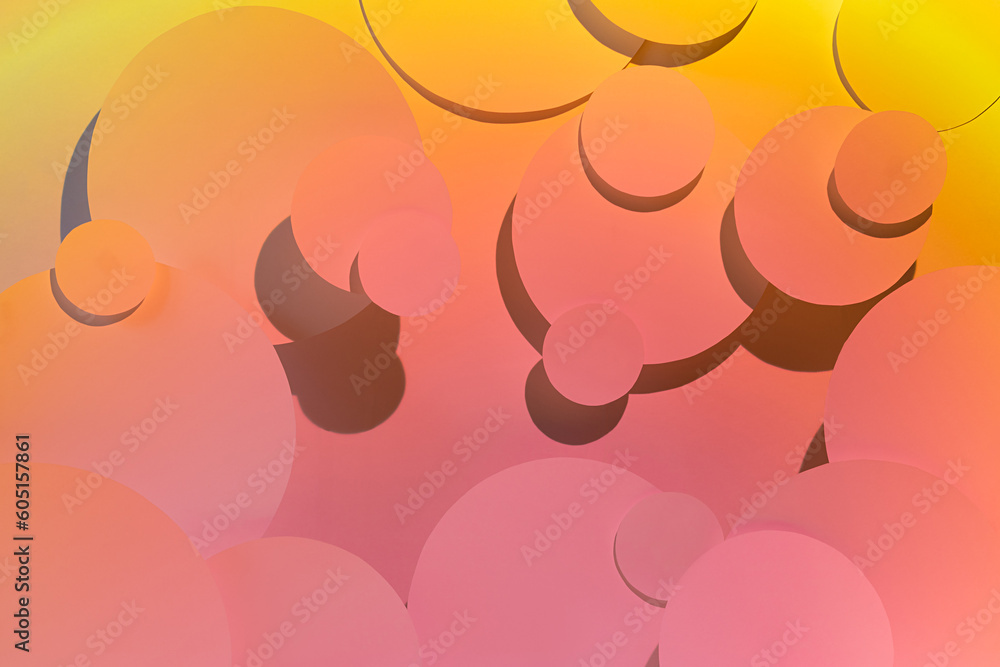 Poster vibrant abstract pattern of different circles fly with radial gradient of gentle pink and yellow col