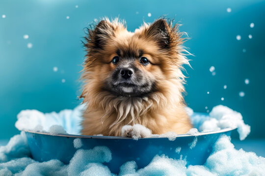 Funny puppy sitting in bathtub waiting for grooming. Banner for pet shop, grooming salon. Space for text. Generative AI 