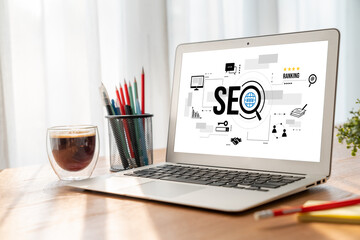 SEO search engine optimization for modish e-commerce and online retail business showing on computer...