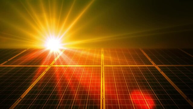 Bright Sun Rays Over Solar Panels At sunset. Alternative Energy. Sunlight and Electrical Power By Solar Cells. 
