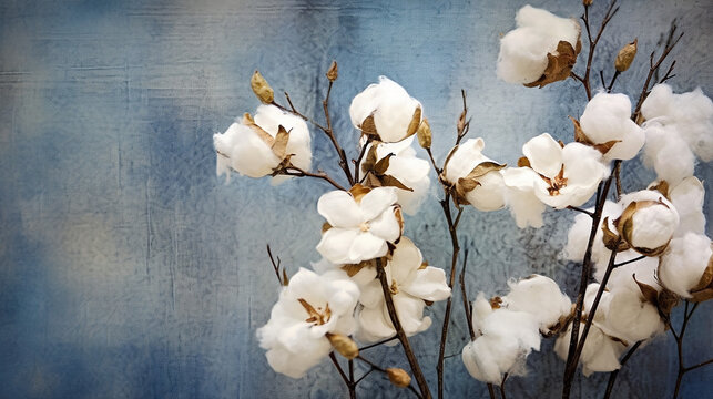 Creative image of beautiful cotton flowers on artistic background. Generative AI