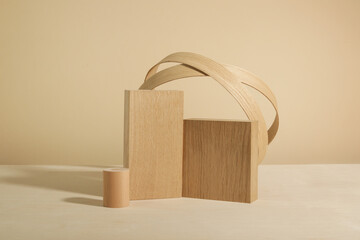 Minimalist wooden scene. Abstract minimal empty stage with rectangle podiums on beige background. Mockups display for product presentation.	