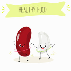 Illustration with funny characters of red and white beans. Funny and healthy food. Vitamins, cute face food, ingredients, vegetarian, vector cartoons, farming, raw materials.
