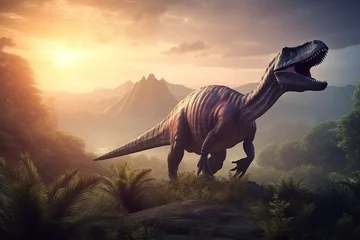 Foto auf Acrylglas Amazing and photorealistic dinosaur. Jurassic period. Gigantic reptile. Beautiful and scary dinosaurus. Dangerous dino. Generative AI. © Kassiopeia 