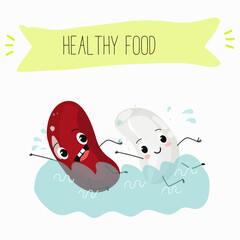 Illustration with funny characters of red and white beans. Funny and healthy food. Vitamins, cute face food, ingredients, vegetarian, vector cartoons, farming, raw materials.