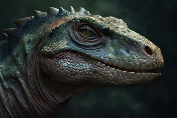 Amazing and photorealistic dinosaur. Jurassic period. Gigantic reptile. Close up view. Beautiful and scary dinosaurus. Dangerous dino. Generative AI.