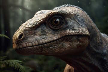 Obraz premium Amazing and photorealistic dinosaur. Jurassic period. Gigantic reptile. Close up view. Beautiful and scary dinosaurus. Dangerous dino. Generative AI.