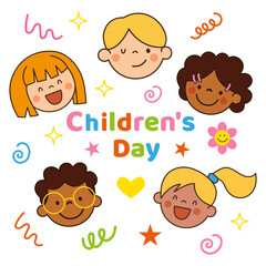 Happy faces Kids on colorful banner in doodle style. Children's Day holiday. Characters boys and girls. Childish Scribble elements decoration. Vector illustration