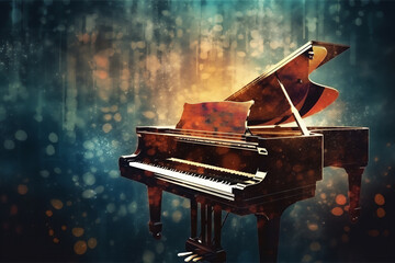 Abstract background illustration of a piano with grunge noise and colorful texture. Music industry theme. Generative AI