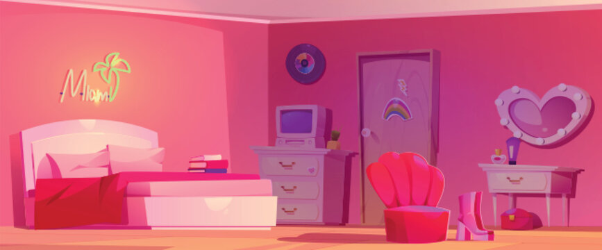 Y2k pink bedroom interior design vector cartoon background. Computer, book and neon lamp in girl student apartment. Teenage miami accessories, vinyl and lamp groovy decor near dressing cupboard