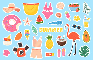 Summer colored set Stickers in flat style. Design labels of beach vacation and travel. Summertime scrapbook elements. Vector clipart isolated on white background