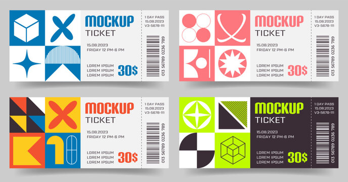 Tickets templates design in Swiss Bauhaus y2k Brutalist style set. Geometric primitive shapes pattern Mockup Coupons in different colors. Flat vector illustration for event, festivals, concert