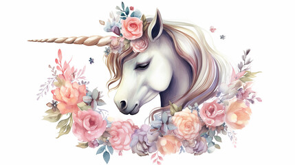 Cute unicorn graphics with flower wreath on white background.  - obrazy, fototapety, plakaty