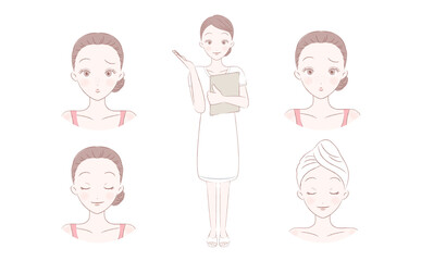 カルテを持ったエステティシャンの全身イラストと肌トラブルに悩む人・施術中・施術後のおしゃれな女性のベクター手書き風人物素材_エステサロン・脱毛サロン