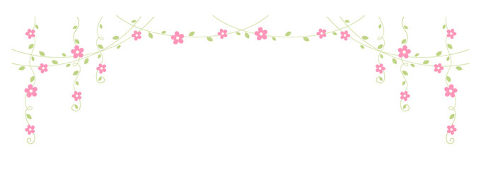 Fototapeta na wymiar Hanging vines with pink flowers vector illustration. Simple minimal floral botanical vine curtain design elements for spring.